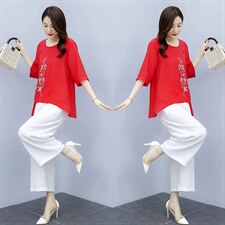 2021夏季新款简约时尚气质圆领复古盘扣装饰图案刺绣棉麻两件套，女装套装/套裙，韩宇舍