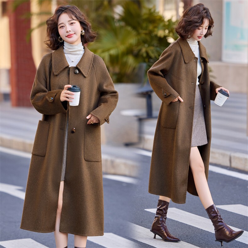 双面羊毛大衣女2025年秋冬新款气质百搭中长款显瘦100%羊毛外套,女装双面呢大衣,小荷流
