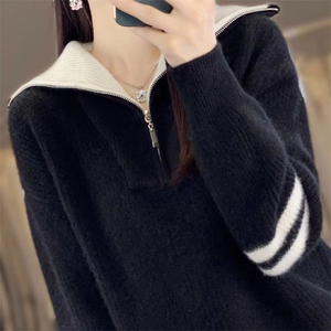 时尚百搭气质通勤女士半拉链针织打底衫 显瘦修身长袖毛衣图片