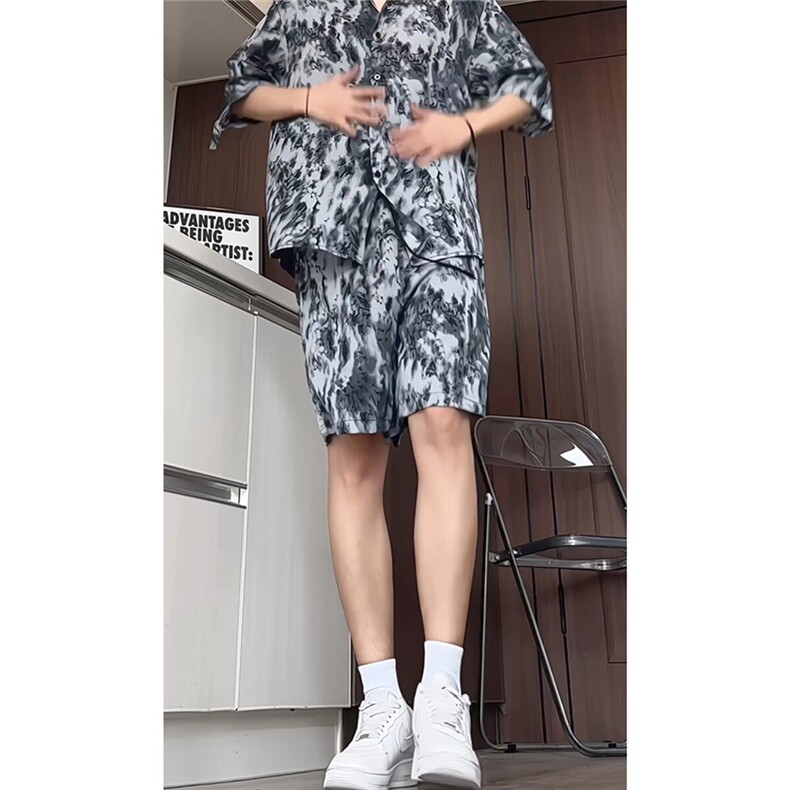短袖衬衫男+短裤男潮流休闲套装男M-5XL大码TZ78708P50控98模特图图片