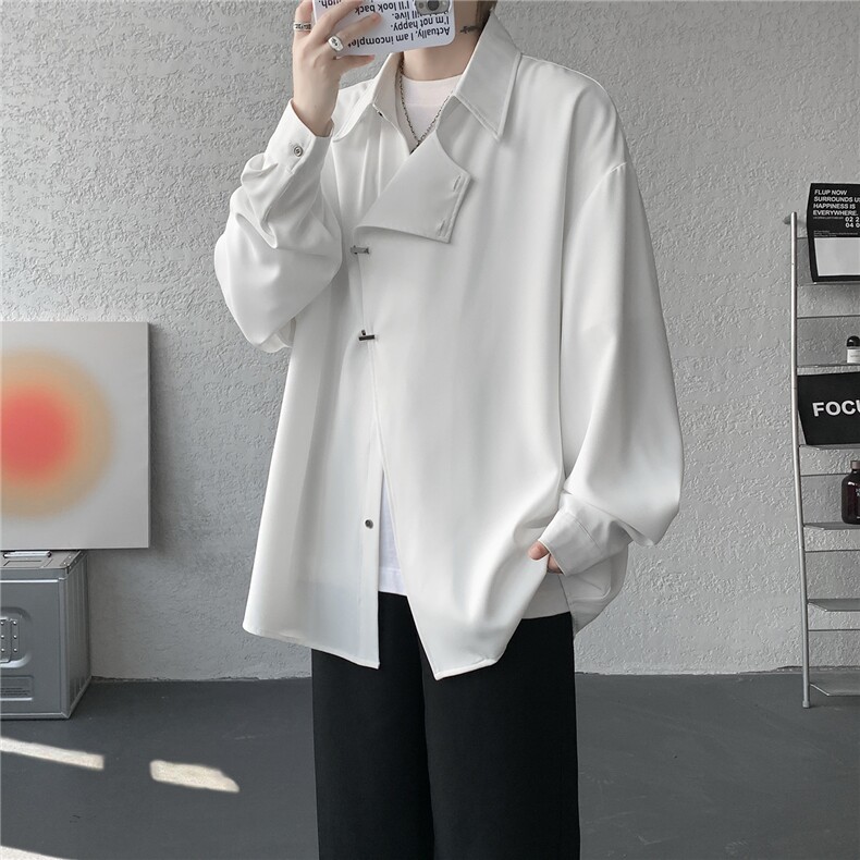 斜搭门襟金属扣新中式长袖衬衫大码设计感风衬衣外套LC302特P52,男装衬衫,电商B215