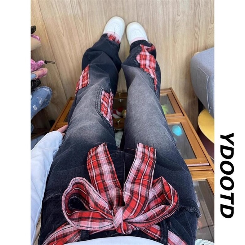 美式蝴蝶结绑带牛仔裤男女款拼接格子补丁小众设计感直筒阔腿裤子,男装牛仔裤,星座601-2