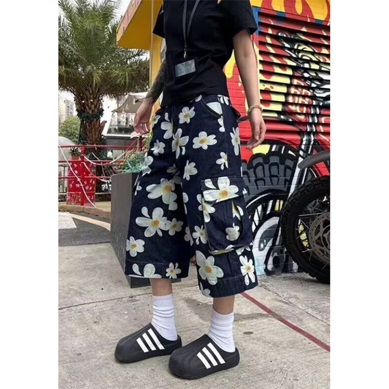 复古邹菊印花工装牛仔七分裤女夏季街头阔腿五分裤短裤KD19,男装牛仔裤,星座1116A（原606A-3）