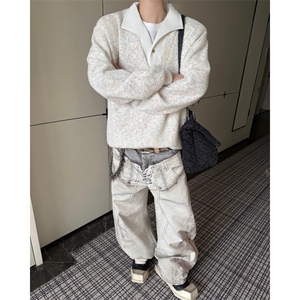 美式男士卫衣慵懒风彩点假两件翻领毛衣外衣宽松休闲针织衫图片