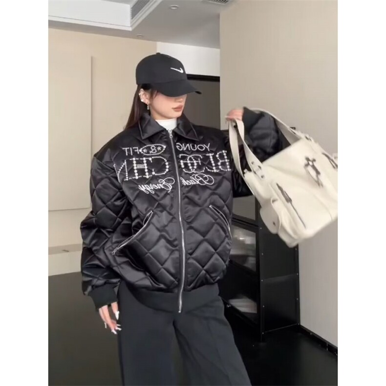 网图美潮珍珠钉菱形格boxy版棉服外套W1925/特P95,男装棉衣,电商B350