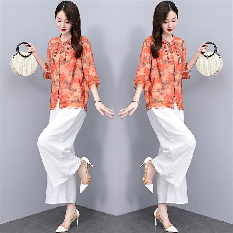 中年妈妈天丝麻套装女夏2024新款新中式印花盘扣小衫阔腿裤两件套,女装套装/套裙,涵墨