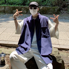 S85-P38日系复古假两件拼接短袖衬衫，男装衬衫，星座1501-1