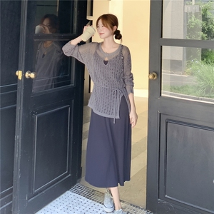 法式镂空罩衫针织衫女外搭防晒衣上衣修身显瘦吊带连衣裙两件套图片