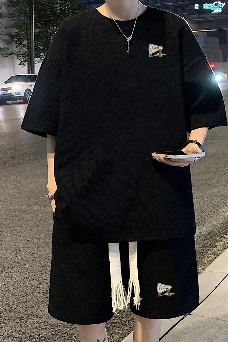 套装！华夫格套装短袖T恤短裤男HTZ451-特p：38,男装T恤,电商B371