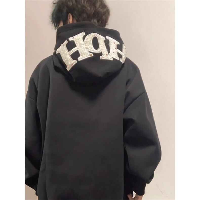1506/QW110/P47美式复古黑色连帽卫衣贴布刺绣宽松重磅上衣帽衫,男装卫衣,星座1506