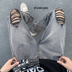 美式高街拉链直筒破洞牛仔裤货号K753P60图片
