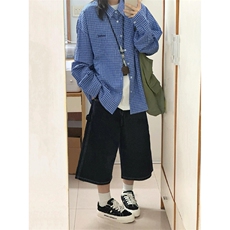 慵懒风宽松蓝色格子长袖衬衫男复古休闲外搭衬衣外套C409，男装衬衫，星座1116A（原606A-3）