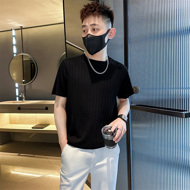 2026夏季短袖T恤圆领针织坑条上衣纯色冰丝休闲上衣T0268-P50图片