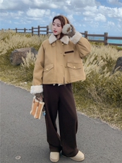 卡其色羊羔毛领拼接短款派克羽绒服女2025冬季小个子加厚保暖外套，女装羽绒服，慧尚2-185