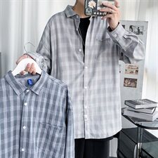 港风新款秋季外穿长袖衬衫男百搭休闲格子衬衣外套CS22/，男装衬衫，电商D202