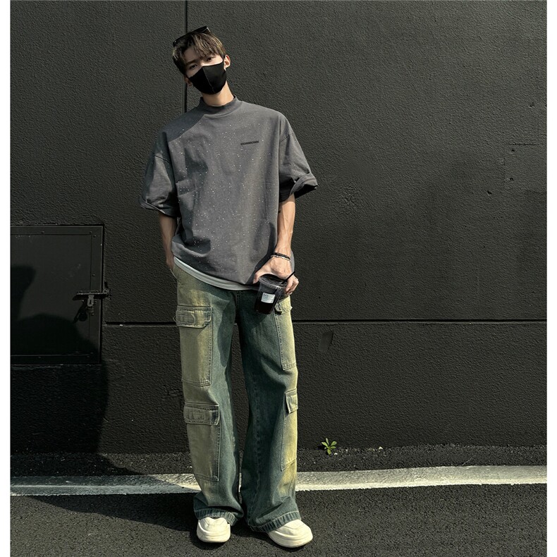 1港风满钻巴家罗口硅胶印logo大码M-5XL短袖T恤男DT77835P33控58图片