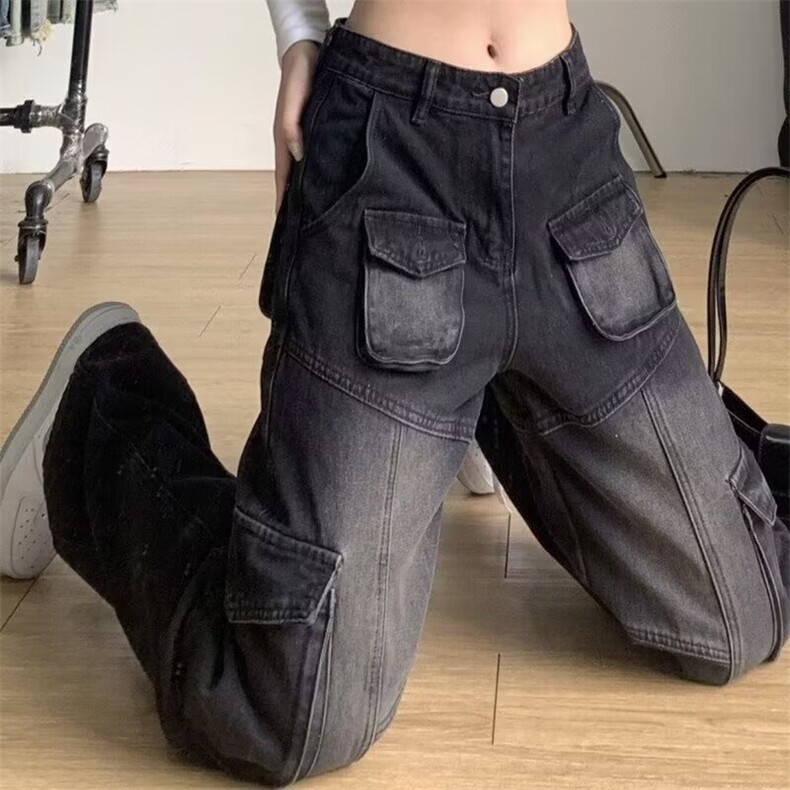 美式高街复古牛仔工装裤女2025新款vibe宽松显瘦直筒阔腿拖地裤子图片