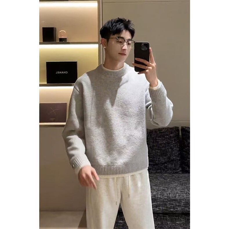 1506-1/M50231/P63假两件灰色毛衣男款冬季高级感韩系内搭针织衫图片