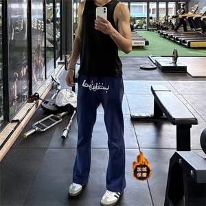 美式复古藏青阿拉伯文字母刺绣运动休闲微喇潮牌情侣高街男加绒款图片