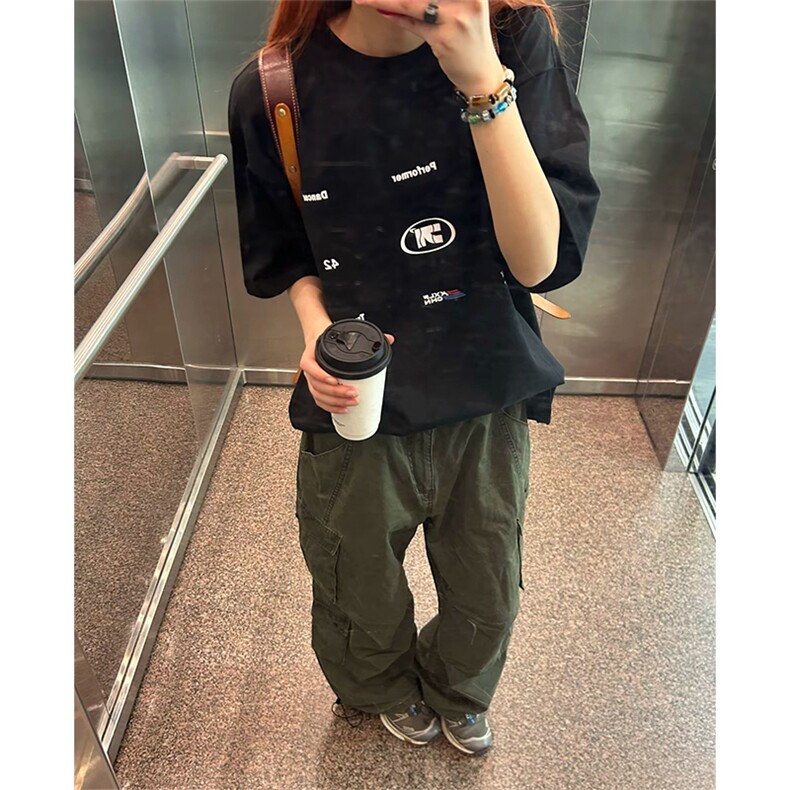 抖音得物 210克现货宽松纯棉美式潮牌印花落肩袖纯棉T恤AT21119图片