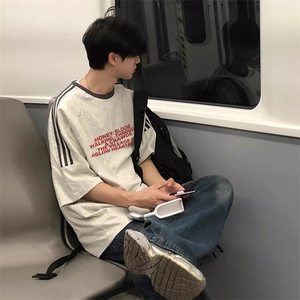 夏季美式高街重磅纯棉三条杠织带撞色男女短袖T恤ZD509-特P30图片
