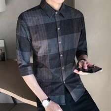 现货2021格子七分袖衬衫男修身夏季中袖衬衣CS22P50控68，男装衬衫，电商B413