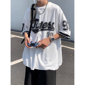 开衫印花短袖T恤男女夏季ins港风复古棒球服衬衣宽松五分半袖体恤图片