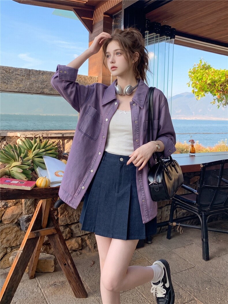 2026初秋氛围感香芋紫牛仔外套女宽松显瘦中长款叠穿百搭长袖衬衫,女装衬衫,艾米莉亚