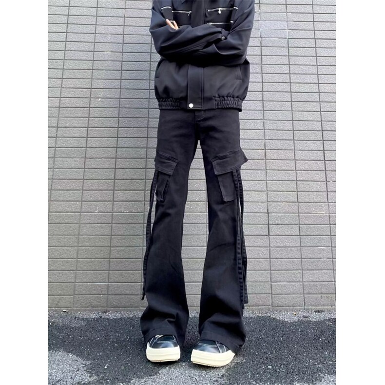 美式高街复古黑色飘带男女百搭微喇工装牛仔裤S6650P39,男装牛仔裤,星座1112-1