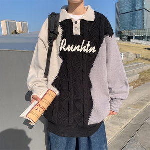 秋冬款男POLO领毛衣提花拼色字母印花针织衫打底外套M183 P45图片