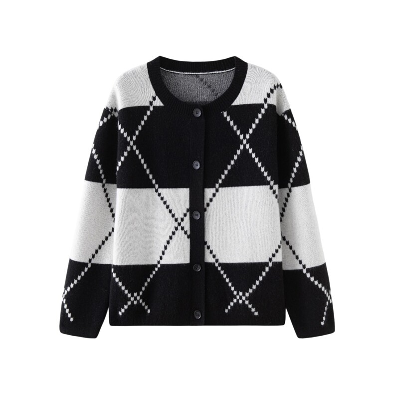 2025年秋季时尚百搭通勤休闲七针加厚圆领菱形开衫，女装羊绒衫，轩妮羊绒