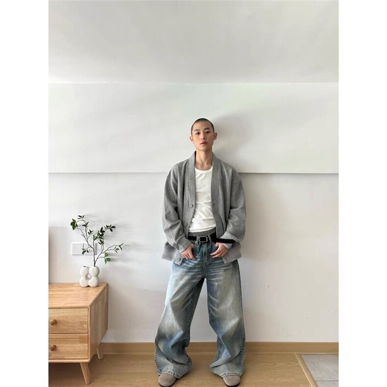 美式复古猫须水洗蓝色牛仔裤男女直筒百搭宽松潮牌vintage长裤子,男装牛仔裤,星座506A