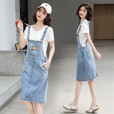 短袖牛仔背带裙套装女2023夏季新款女装韩版时尚休闲两件套套裙潮，女装套装/套裙，慧尚依恋