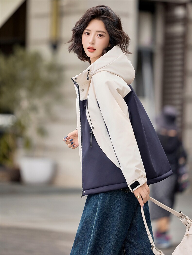 时尚拼色加棉加厚派克服外套女2025秋冬新款宽松保暖百搭连帽外套,女装棉衣/棉服,悦祺