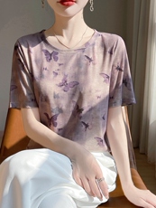 夏季轻薄薄款防晒宽松女针织圆领短袖，女装针织衫/毛衣，绒宛羊绒