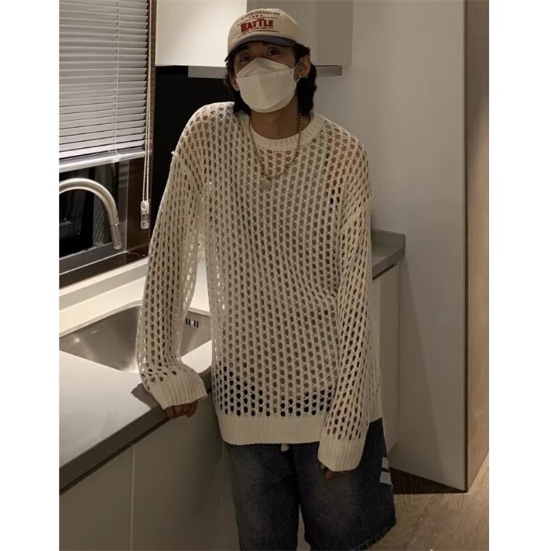 760-P35春秋季镂空针织衫男ins港味宽松情侣圆领毛衣韩版潮流,男装T恤,电商B323A
