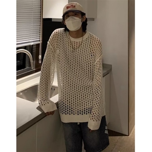 760-P35 春秋季镂空针织衫男ins港味宽松情侣圆领毛衣韩版潮流图片