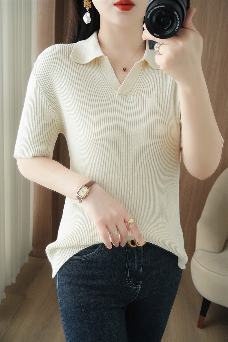 100%纯棉25年夏新款女POLO领短袖针织衫修身打底百搭薄款半袖上衣,女装T恤,品高羊绒
