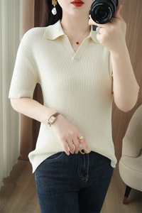100%纯棉25年夏新款女POLO领短袖针织衫修身打底百搭薄款半袖上衣图片