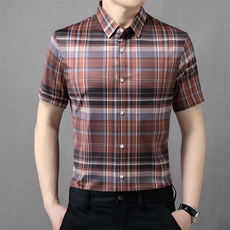新款男士休闲短袖衬衫男格子免烫时尚品质商务宽松潮服上衣，男装衬衫，钱塘6003（原4033）