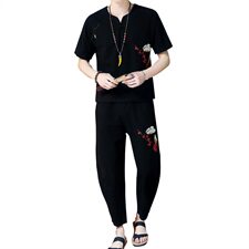 风男宽松棉麻潮流复古两件套短袖套装2021夏季新款TZ025，男装T恤，星座509