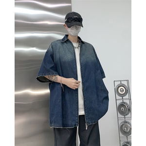 S305-P58 夏季新款渐变水洗做旧牛仔衬衣男潮牌拉链短袖衬衫 现货图片