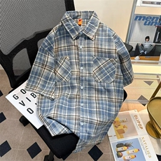 复古短袖衬衫男2024夏季新款港风宽松潮流休闲格子衬衣CY906-P31，男装衬衫，星座412-2