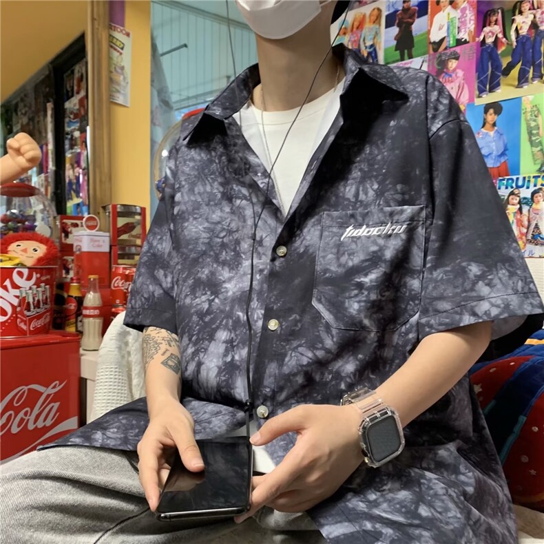 扎染衬衫男ins港风嘻哈潮牌短袖外套宽松冰丝花衬衣痞帅CY441-P22,男装衬衫,星座412-3