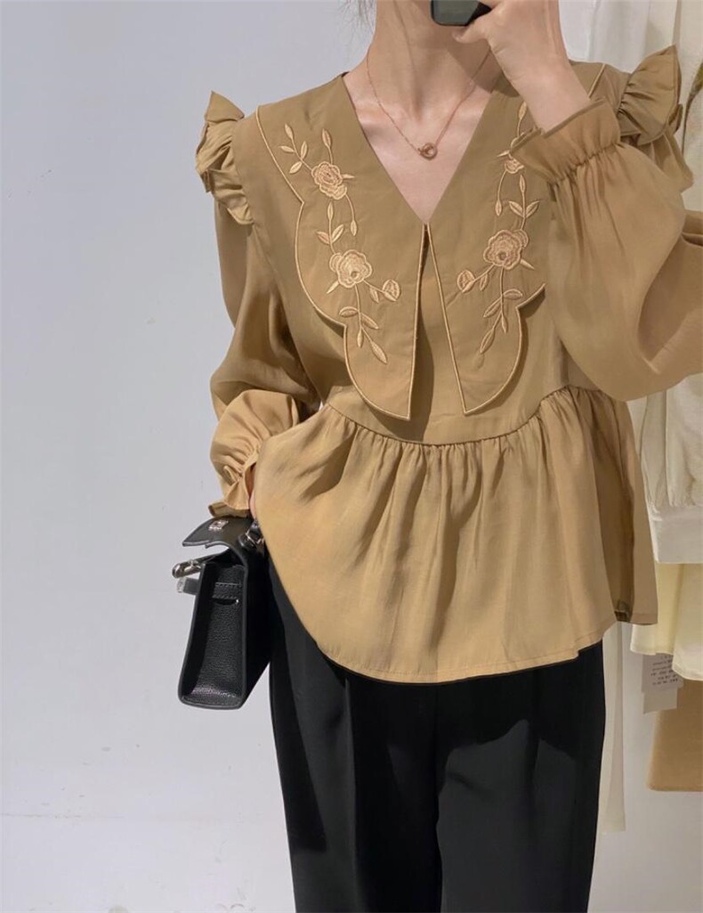 娃娃领刺绣小衫，其它，驿谷