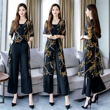 雪纺阔腿裤套装女2024夏季新款时尚洋气减龄显瘦碎花女人味三件套，女装套装/套裙，众宇琦