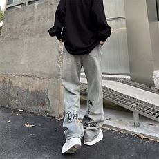 美式字母印花牛仔裤ins潮宽松直筒坠感休闲hiphop裤子男N1210-P43，男装牛仔裤，星座1008
