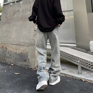 美式字母印花牛仔裤ins潮宽松直筒坠感休闲hiphop裤子男N1210-P43图片