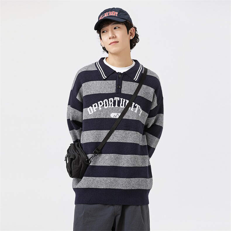 外27-2GANYOU日系条纹POLO领字母套头针织衫M15-P83，男装针织衫/毛衣，新杭派外27-2
