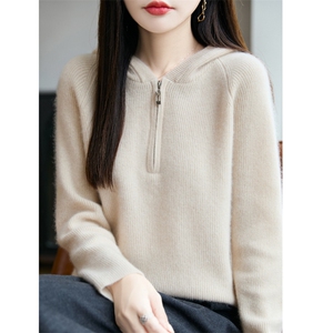 半拉链帽衫女100纯羊毛针织衫欧货高端连帽厚打底卫衣显瘦毛衣图片